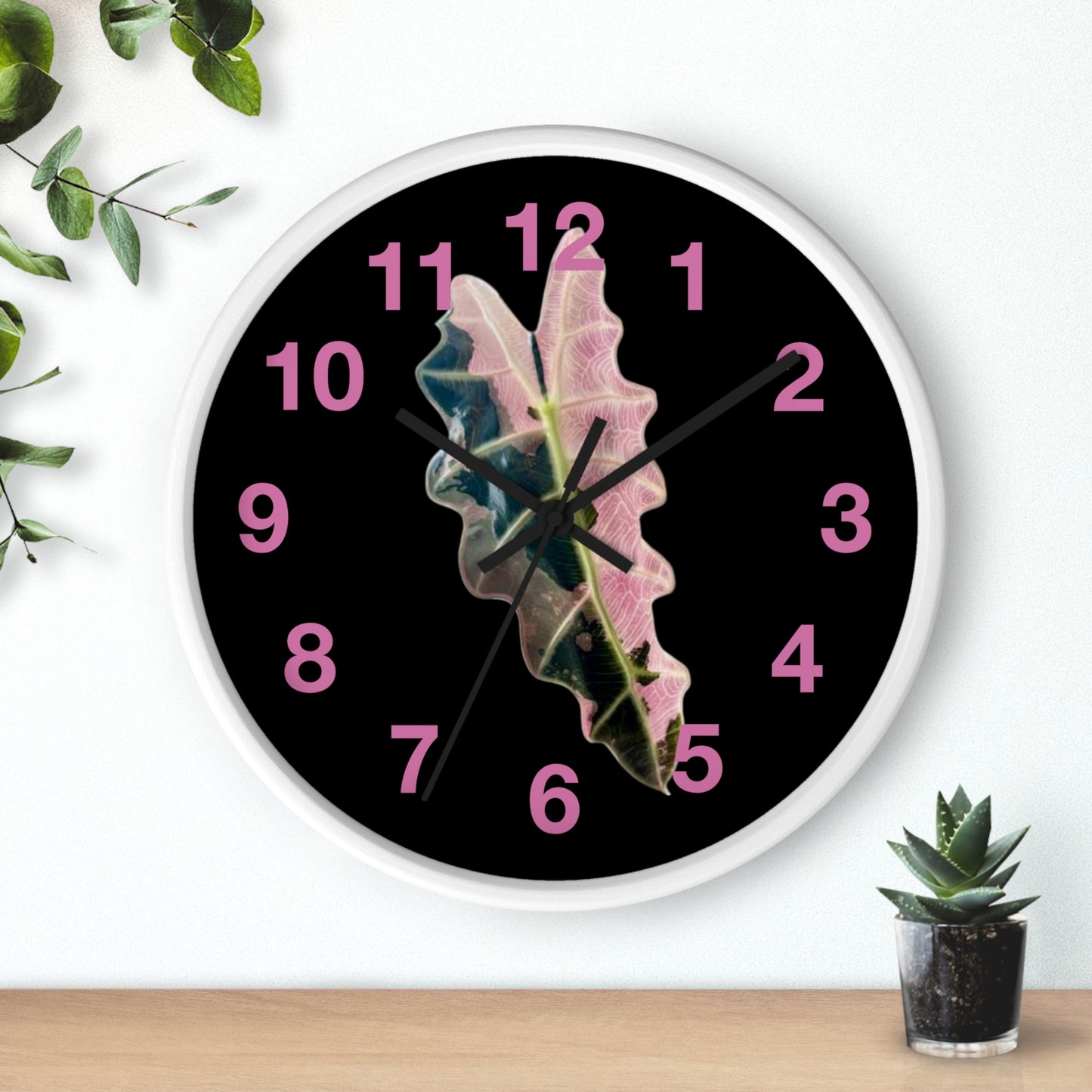 Pink Variegated Leaf Wall Clock — Botanical Nature Decor