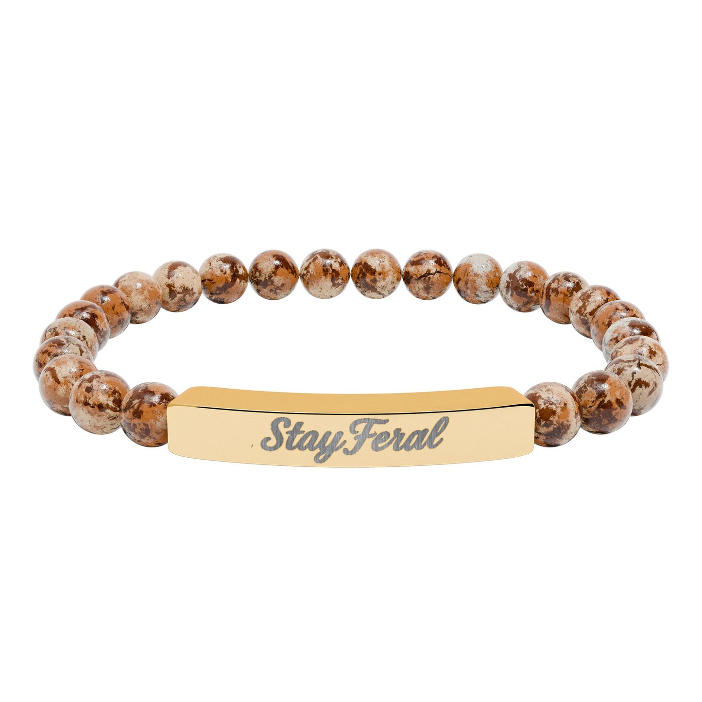 Engravable Natural Stone Bar Bracelet — Personalized Stretch Beaded Bracelet (e.g., "Stay Feral")