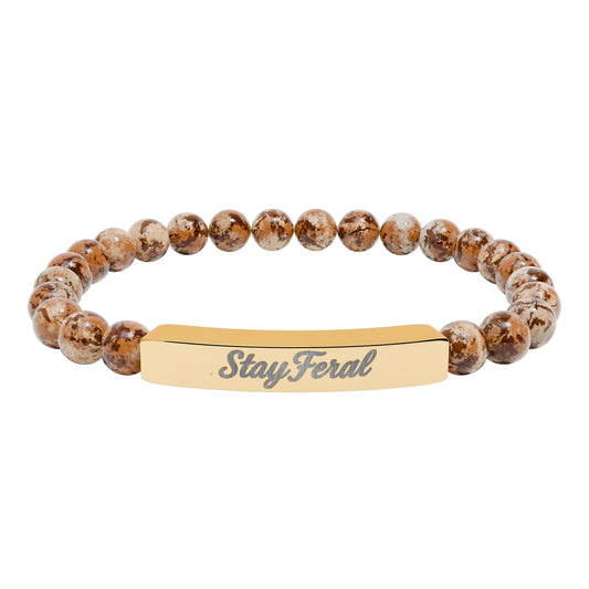 Engravable Natural Stone Bar Bracelet — Personalized Stretch Beaded Bracelet (e.g., "Stay Feral")