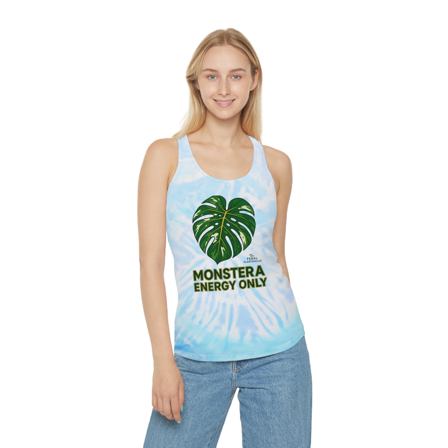 Copy of Tie Dye Racerback Tank Top with Monstera Design, Summer Apparel, Beachwear, Eco-Friendly Fitness Top, Casual Women's Wear