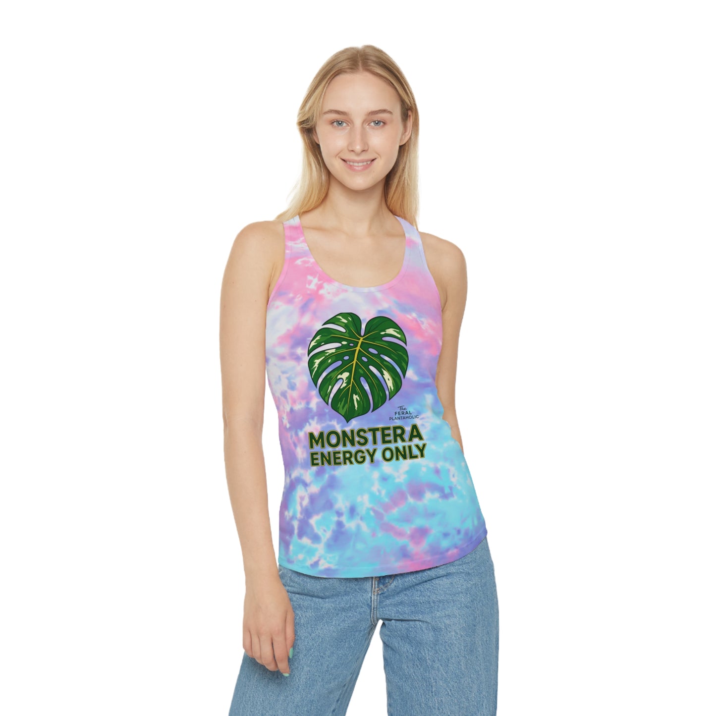 Copy of Tie Dye Racerback Tank Top with Monstera Design, Summer Apparel, Beachwear, Eco-Friendly Fitness Top, Casual Women's Wear