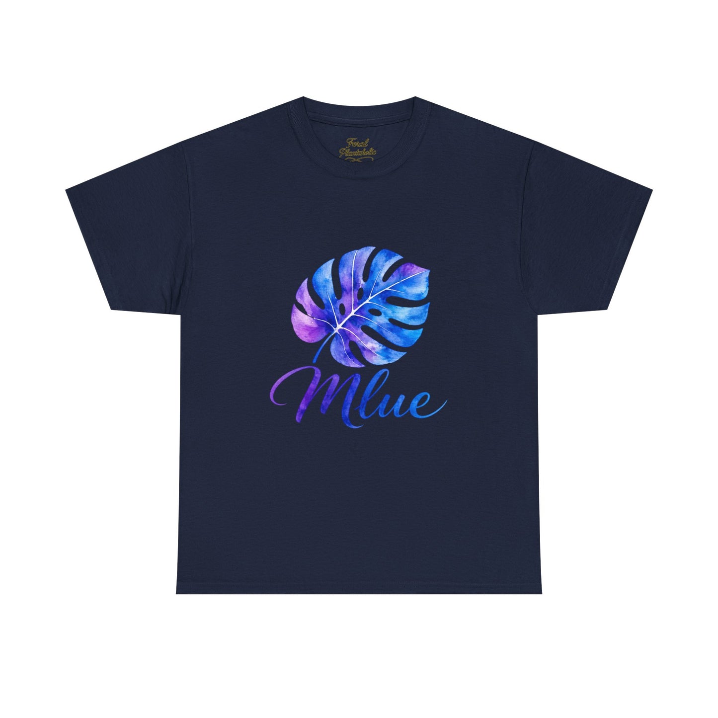 Blue Watercolor Monstera T‑Shirt — Tropical Leaf Graphic Tee with 'Blue' Script