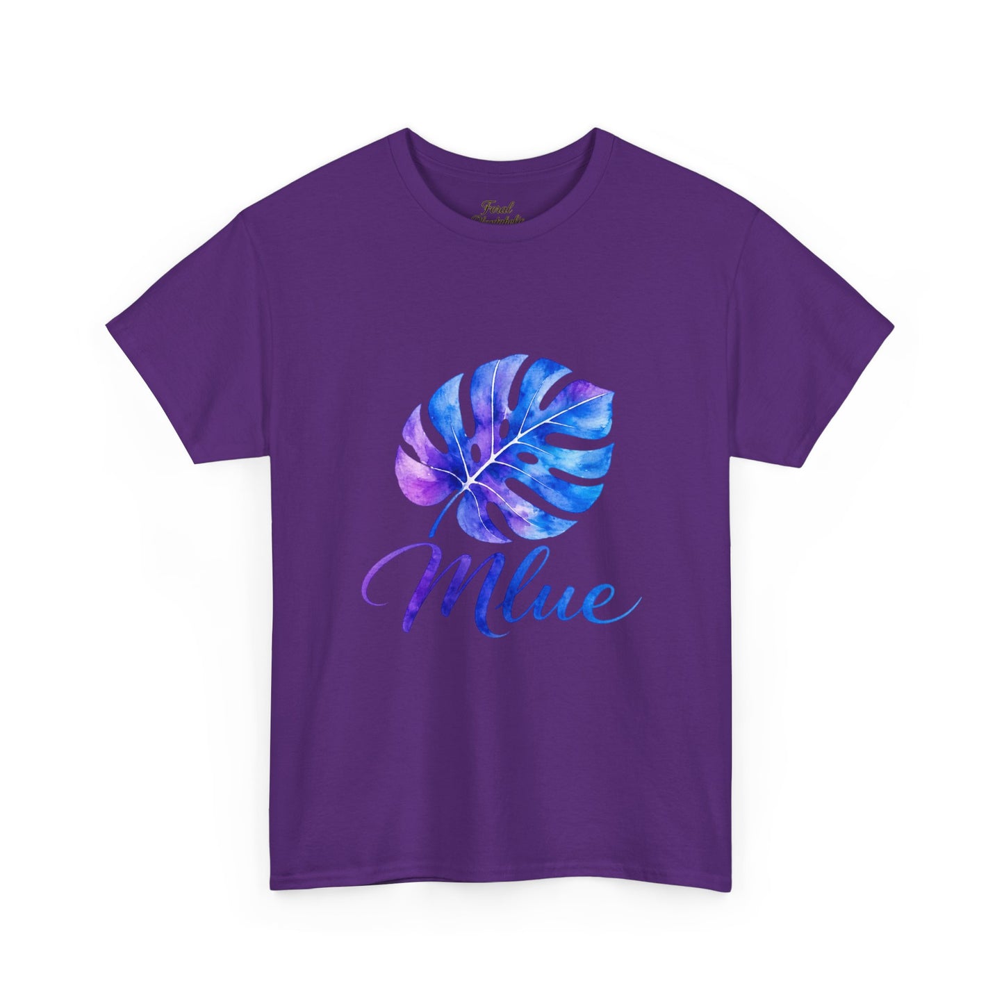 Blue Watercolor Monstera T‑Shirt — Tropical Leaf Graphic Tee with 'Blue' Script