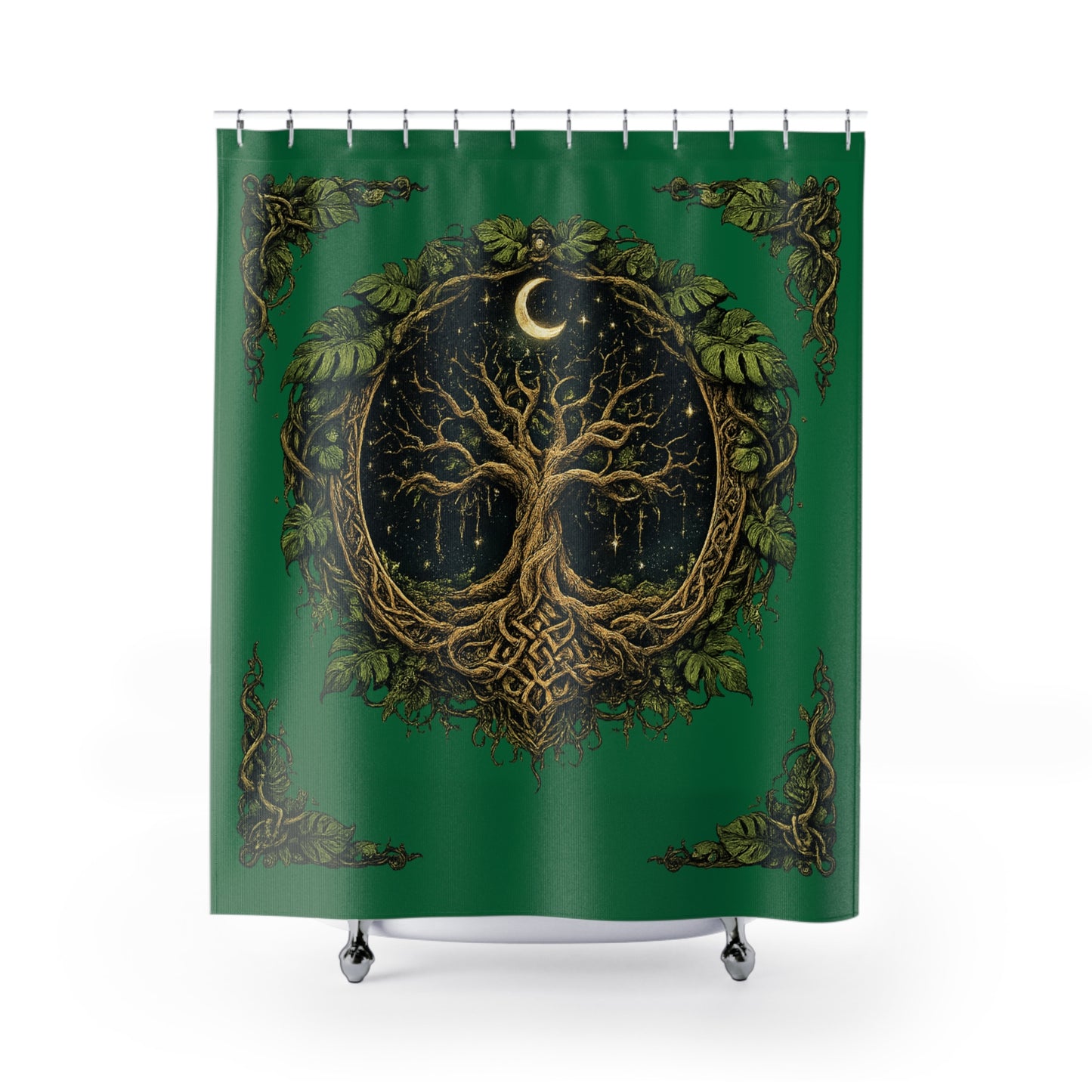Celtic Tree of Life Shower Curtain — Moonlit Green Mystical Bathroom Decor