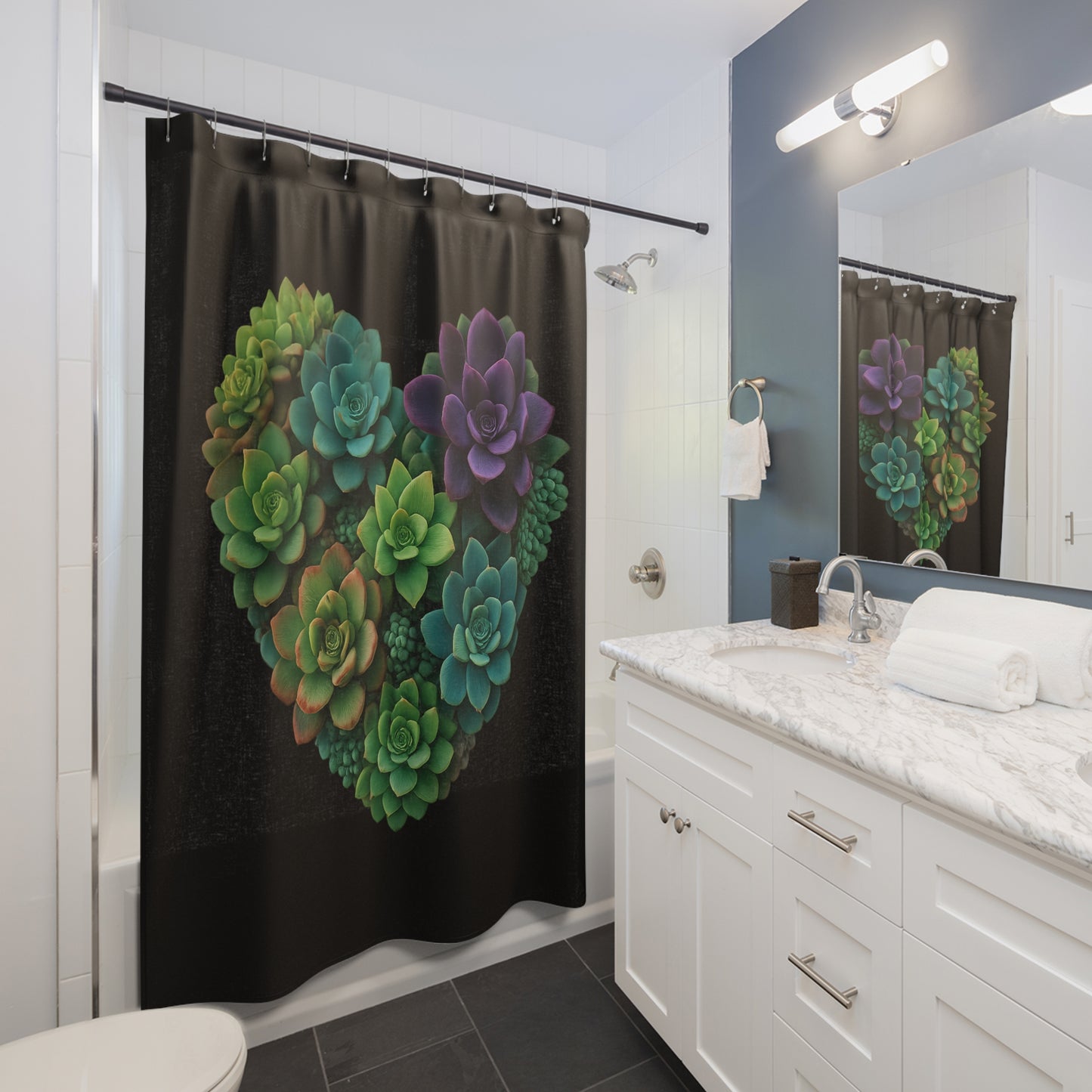 Succulent Heart Shower Curtain — Botanical Green & Purple Bathroom Decor