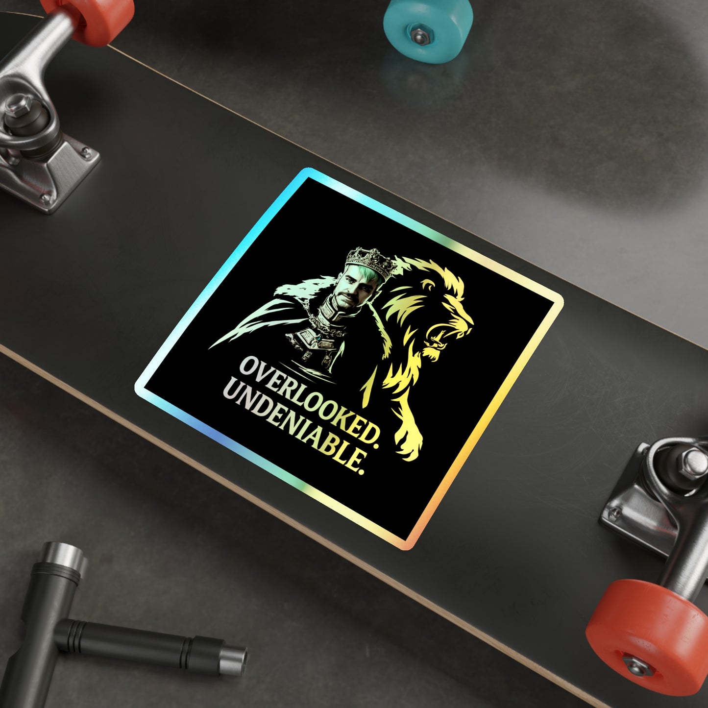 Holographic Lion Crest Sticker — “Overlooked. Undeniable.” Die-Cut Vinyl