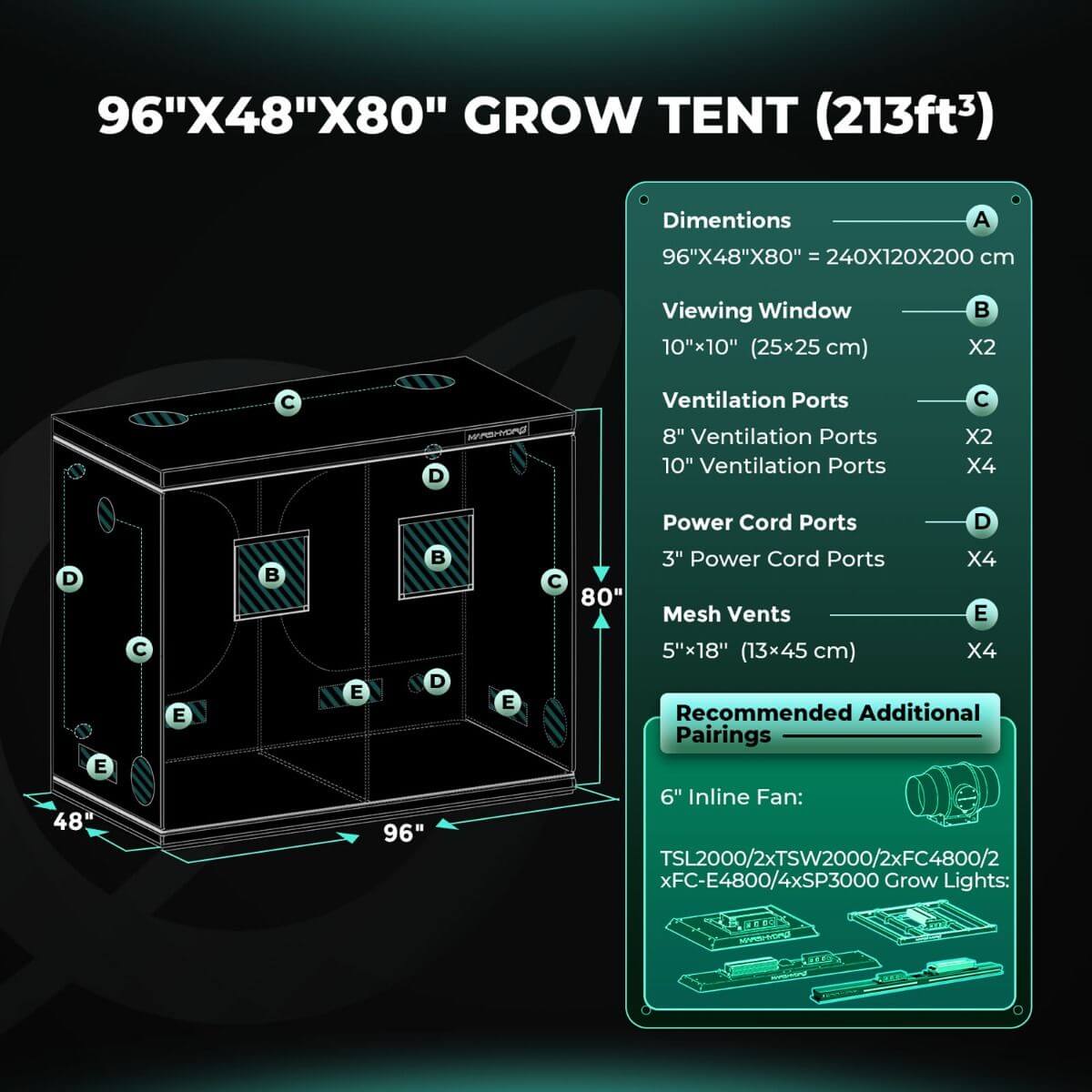 Mars Hydro 4' x 8' x 6' 8" (120cm x 240cm x 200cm) Indoor Grow Tent