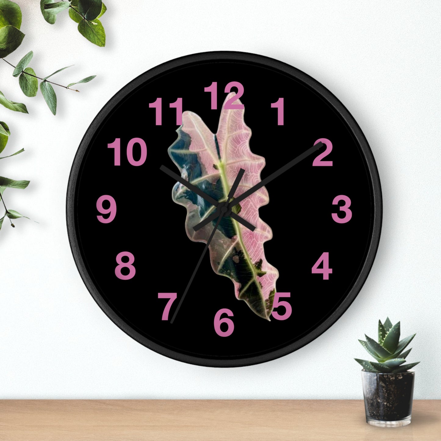 Pink Variegated Leaf Wall Clock — Botanical Nature Decor
