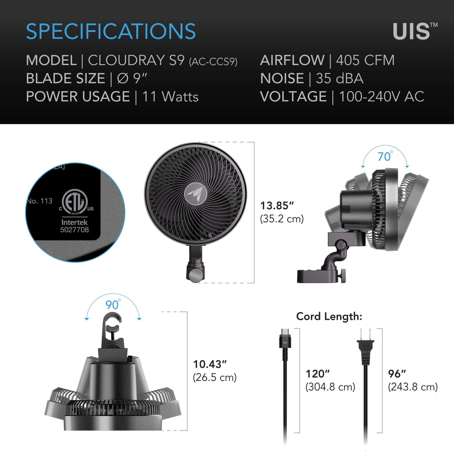 AC Infinity CLOUDRAY S9, Gen 2 Grow Tent Clip Fan 9” with Long-Life EC Motor, 10-Level Dynamic Wind Modes & Fan Speeds, 10-Level Auto Oscillation