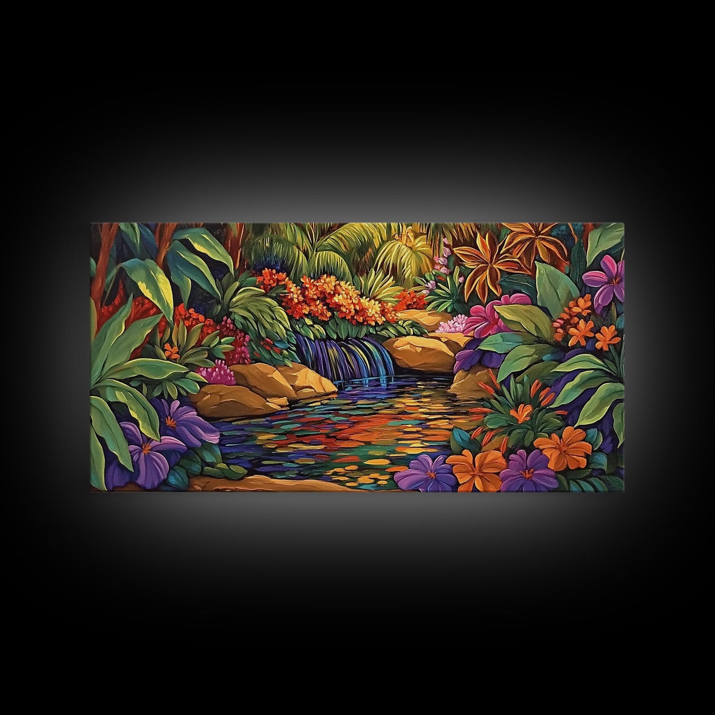 Jungle Waterfall, Floral, Vivid, Canvas Print, Botanical Wall Art, Tropical Home Decor, Boho Jungle Artwork, Bathroom Accent Piece