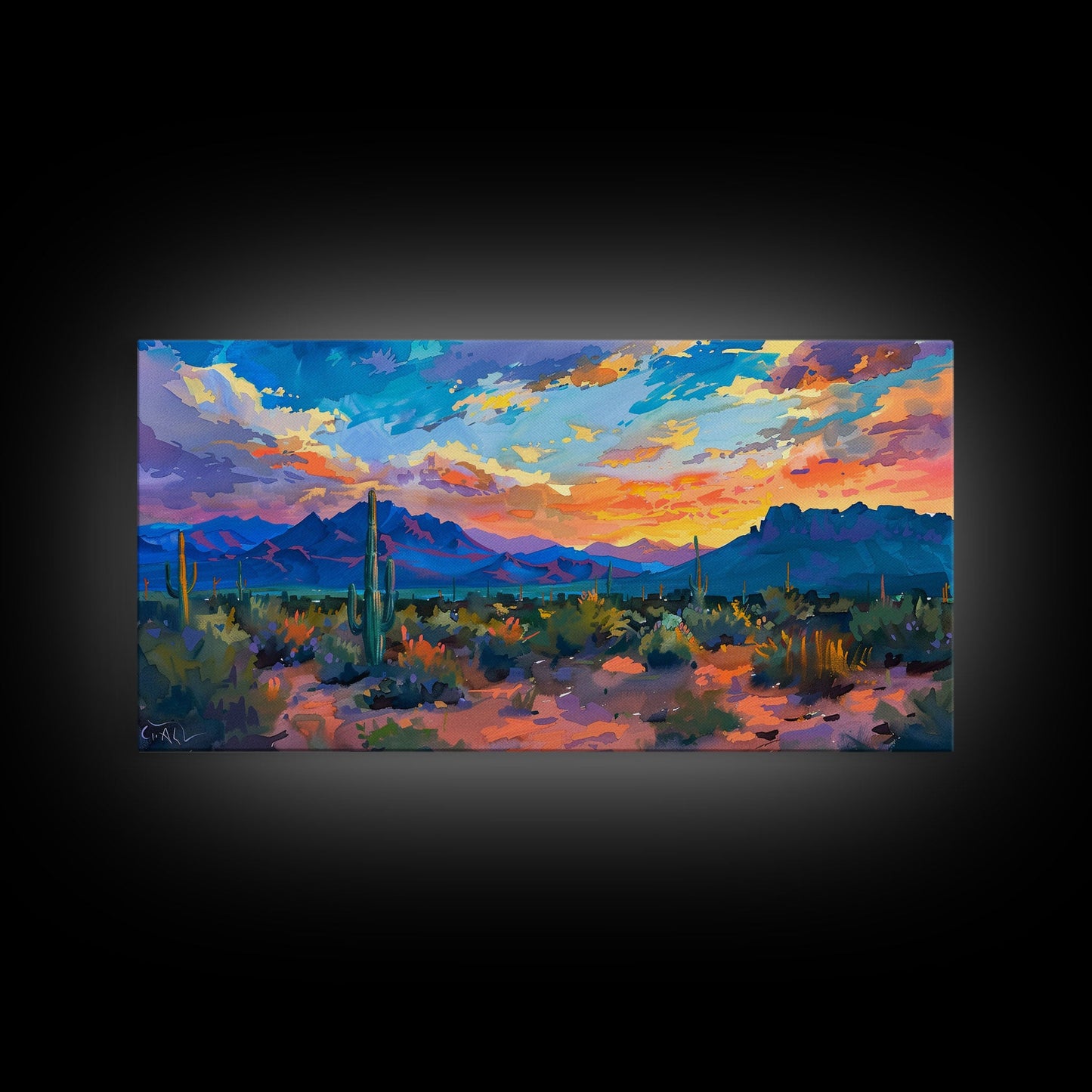 Monument Valley Sunset with Tall Cacti, Framed Canvas Print for Living Room Art, Perfect for Boho and Southwestern Decor
