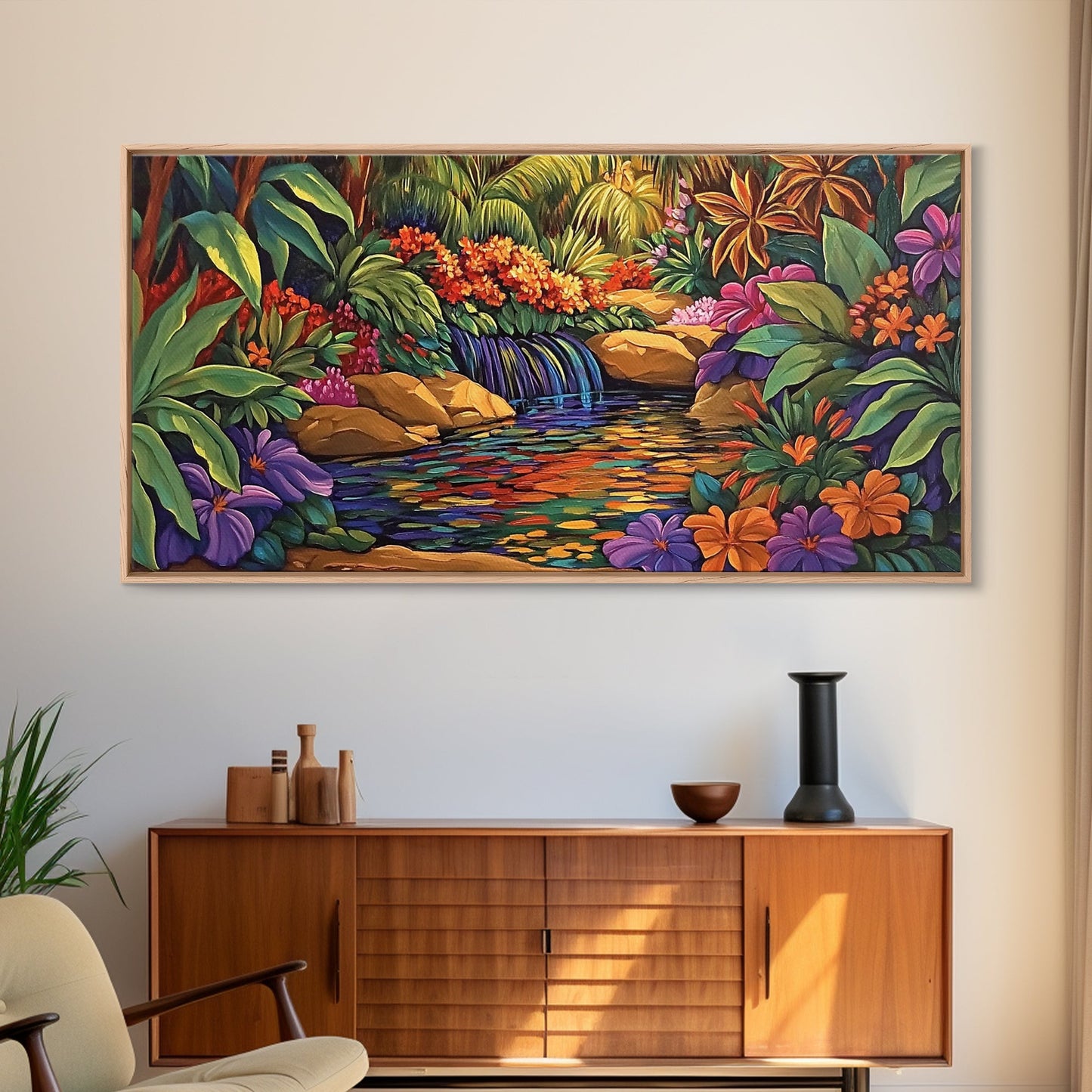 Jungle Waterfall, Floral, Vivid, Canvas Print, Botanical Wall Art, Tropical Home Decor, Boho Jungle Artwork, Bathroom Accent Piece
