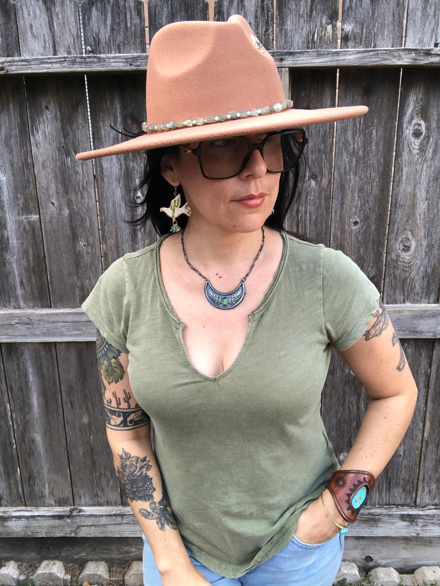 Ceramic Saguaro Cactus Pajarito and genuine turquoise cluster earrings