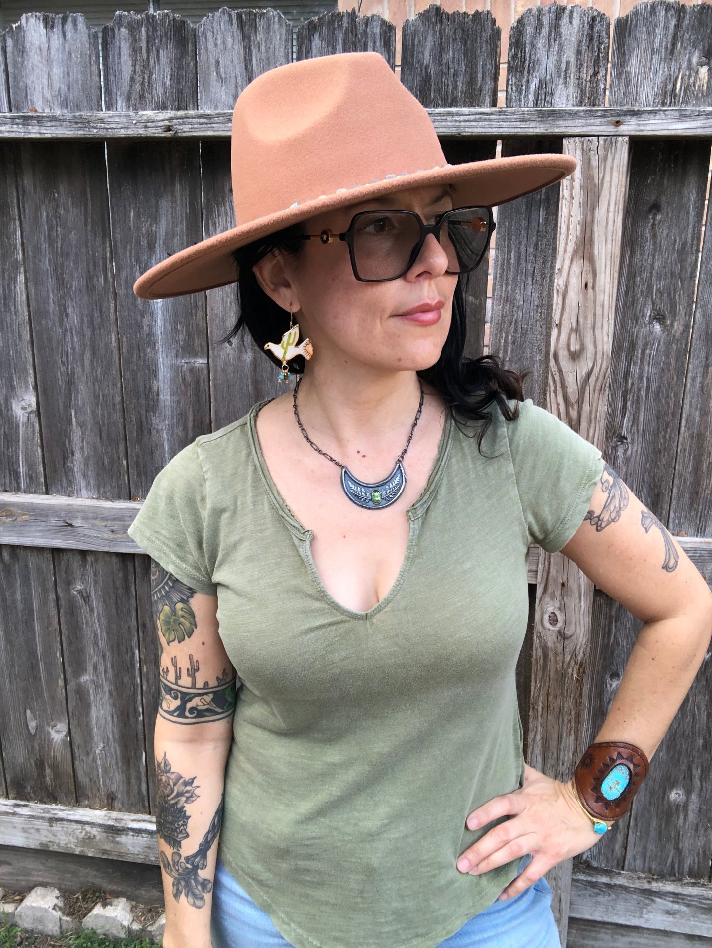 Ceramic Saguaro Cactus Pajarito and genuine turquoise cluster earrings