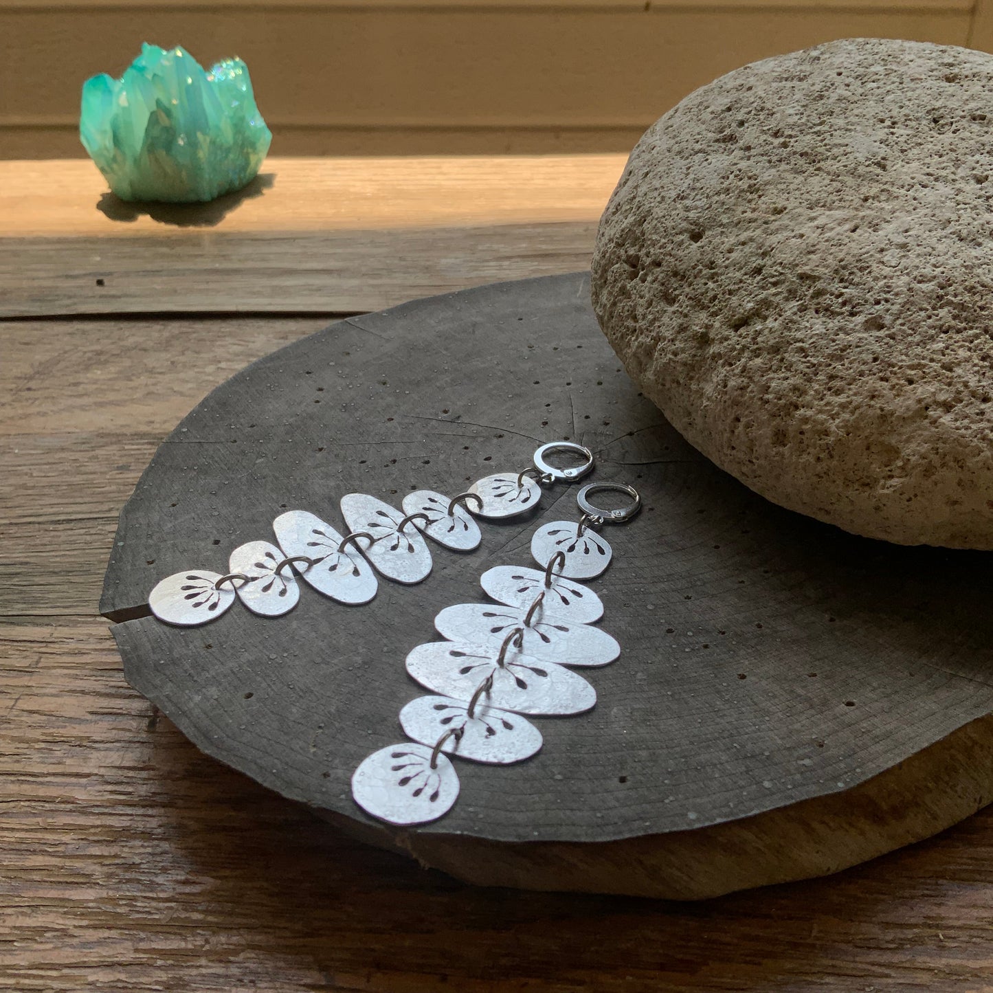 Floral Folklore River Rock drop earrings, hammered brass floral oval earrings