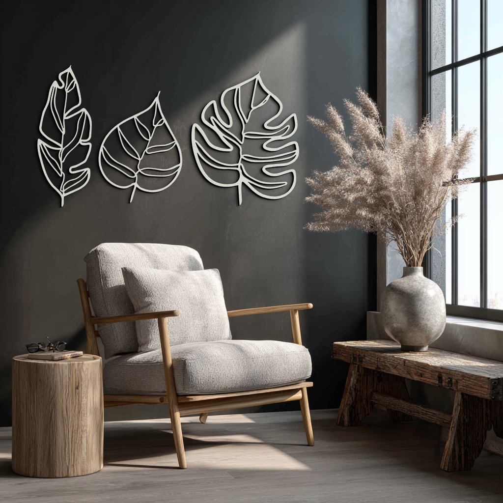 Geometric Leaf Trio Metal Wall Art - Modern Botanical Steel Decor - KAF114