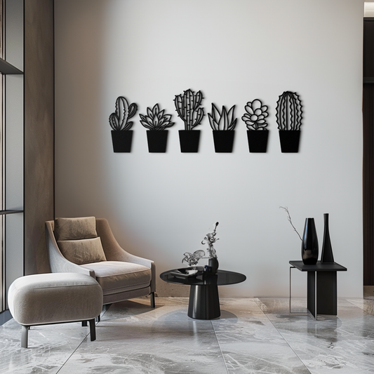 Cactus Succulent Plant Metal Wall Art – Modern Black Botanical Home Decor- KAF521