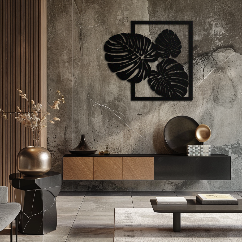 Monstera Leaf Metal Wall Art – Modern Tropical Black Wall Decor for Living Room- KAF552