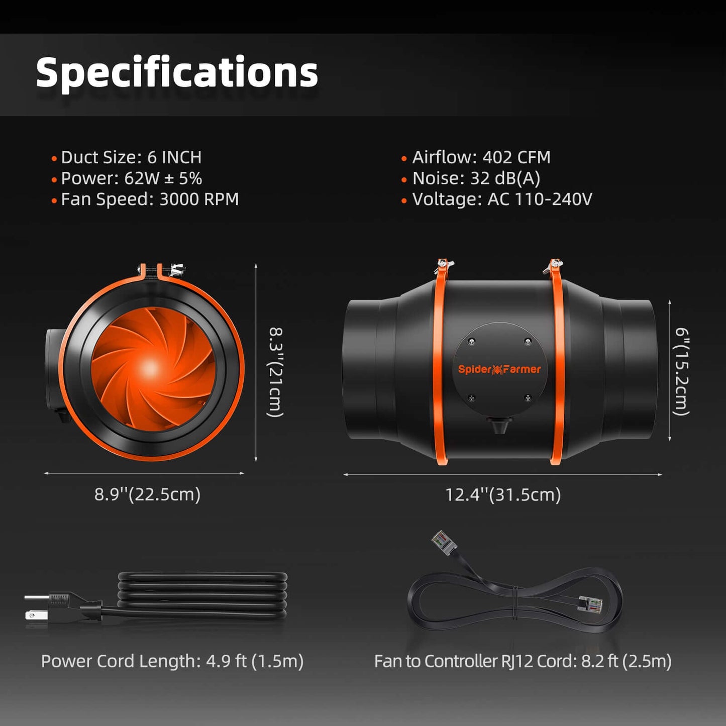 Spider Farmer Ventilation Kit 6" Inline Duct Fan and Carbon Filter Combo with Temperature and Humidity Controller