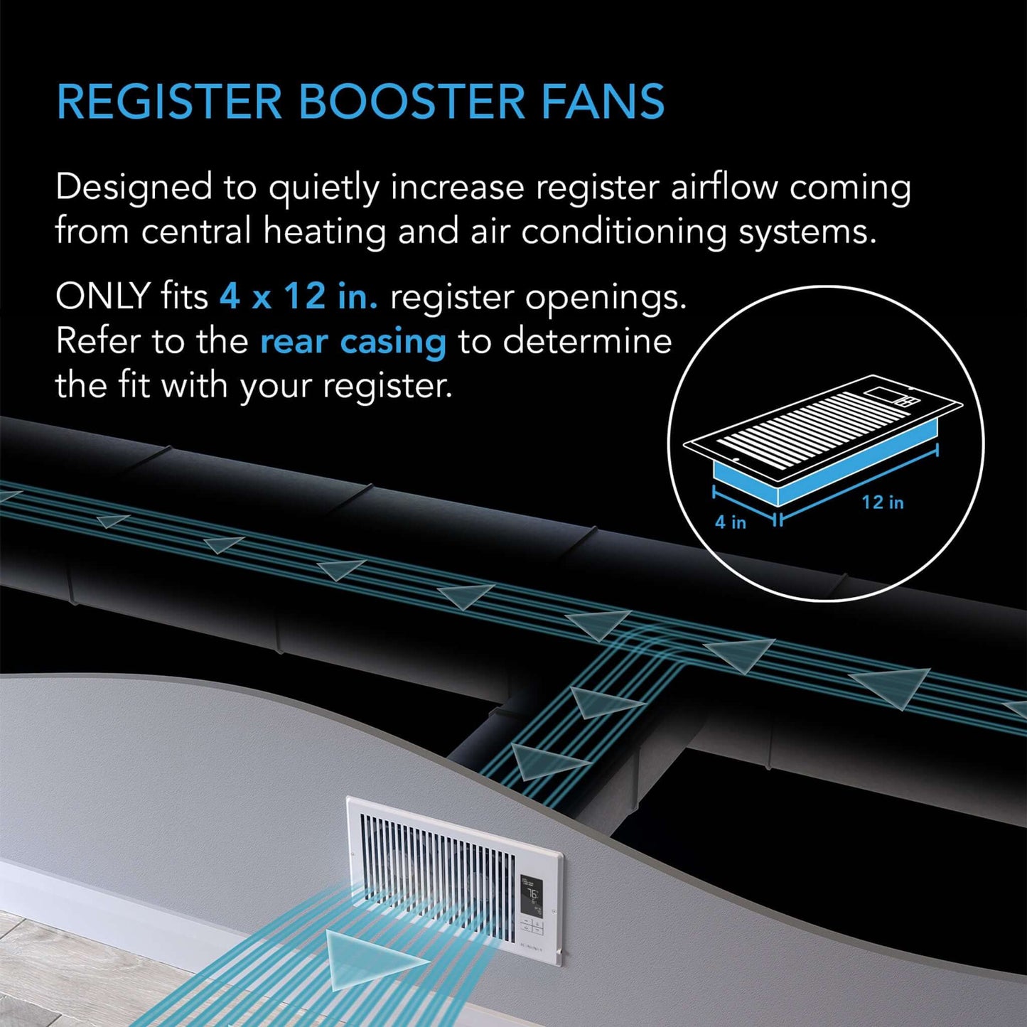 AC Infinity AIRTAP T4, Quiet Register Booster Fan System, White, for 4" x 12" Registers
