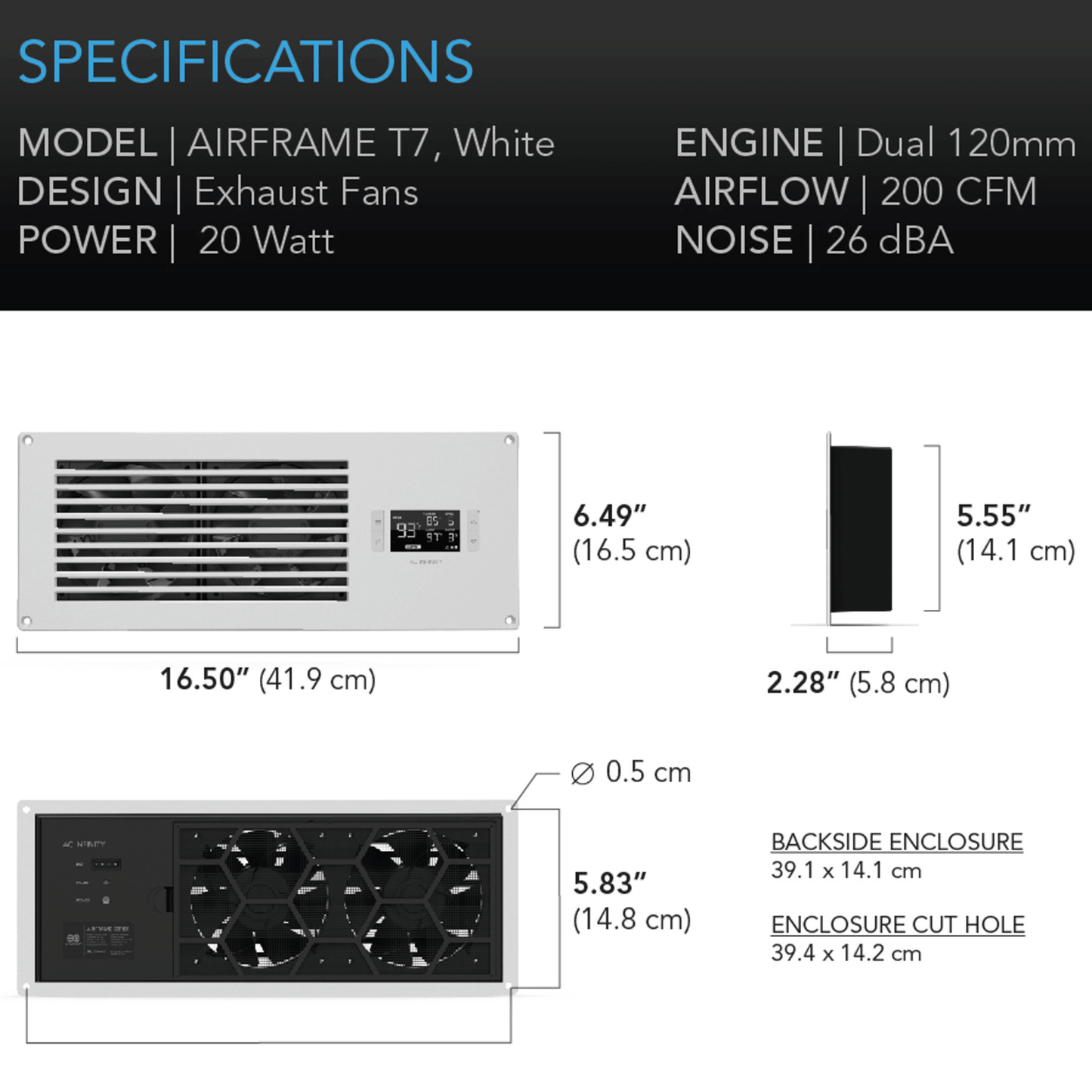 AC Infinity AIRFRAME T7 White, Equipment Closet and Room Fan System 17", Exhaust