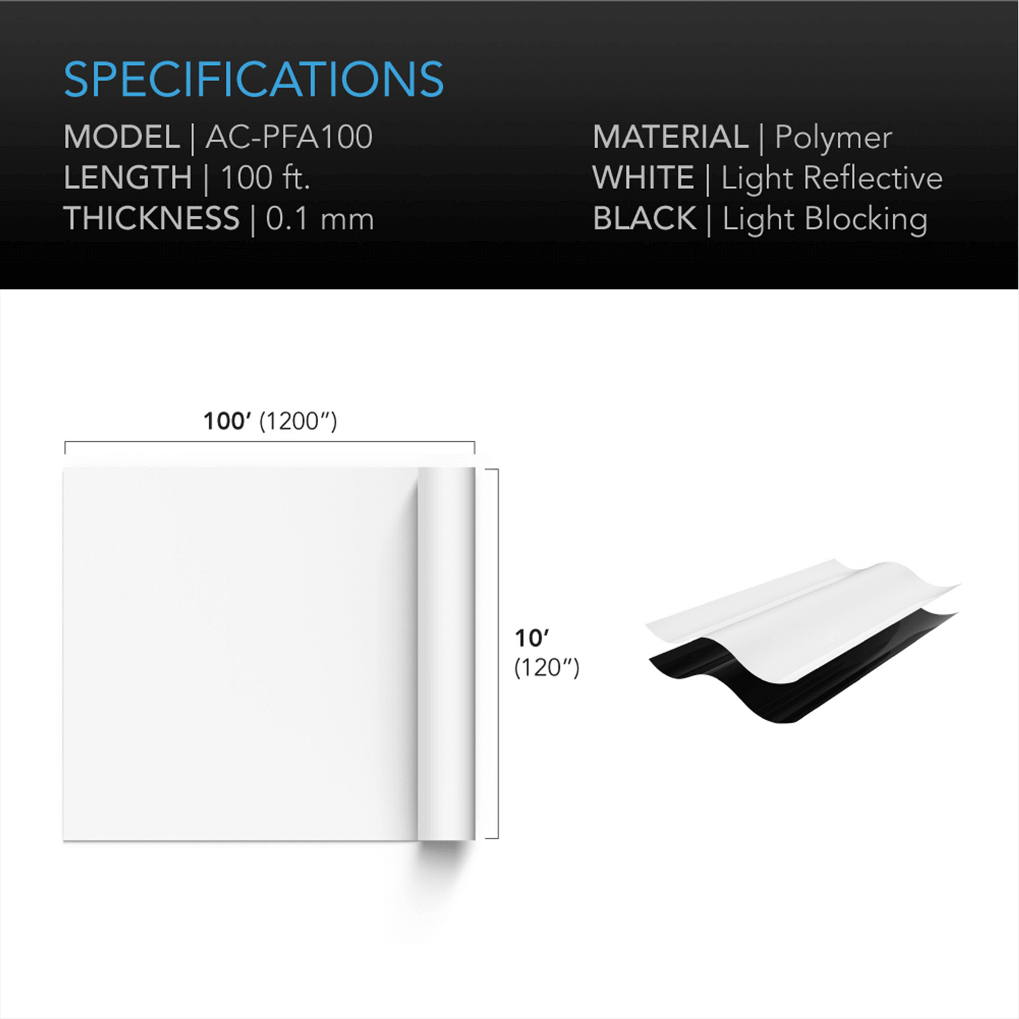 AC Infinity Black and White Panda Film, Waterproof Reflective Sheet, 10 x 100 ft.