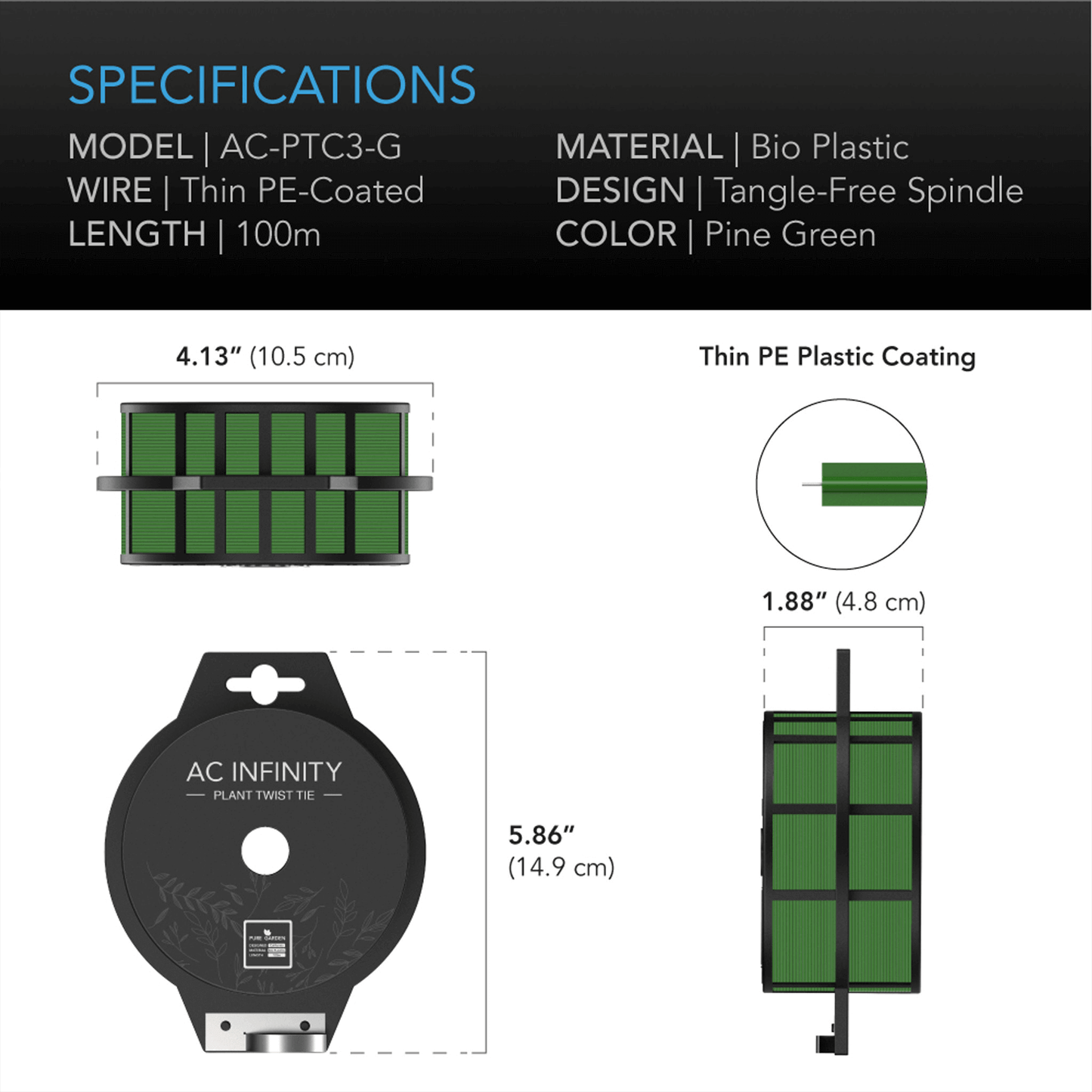 AC Infinity Green Twist Ties with Built-In Cutter, 100m