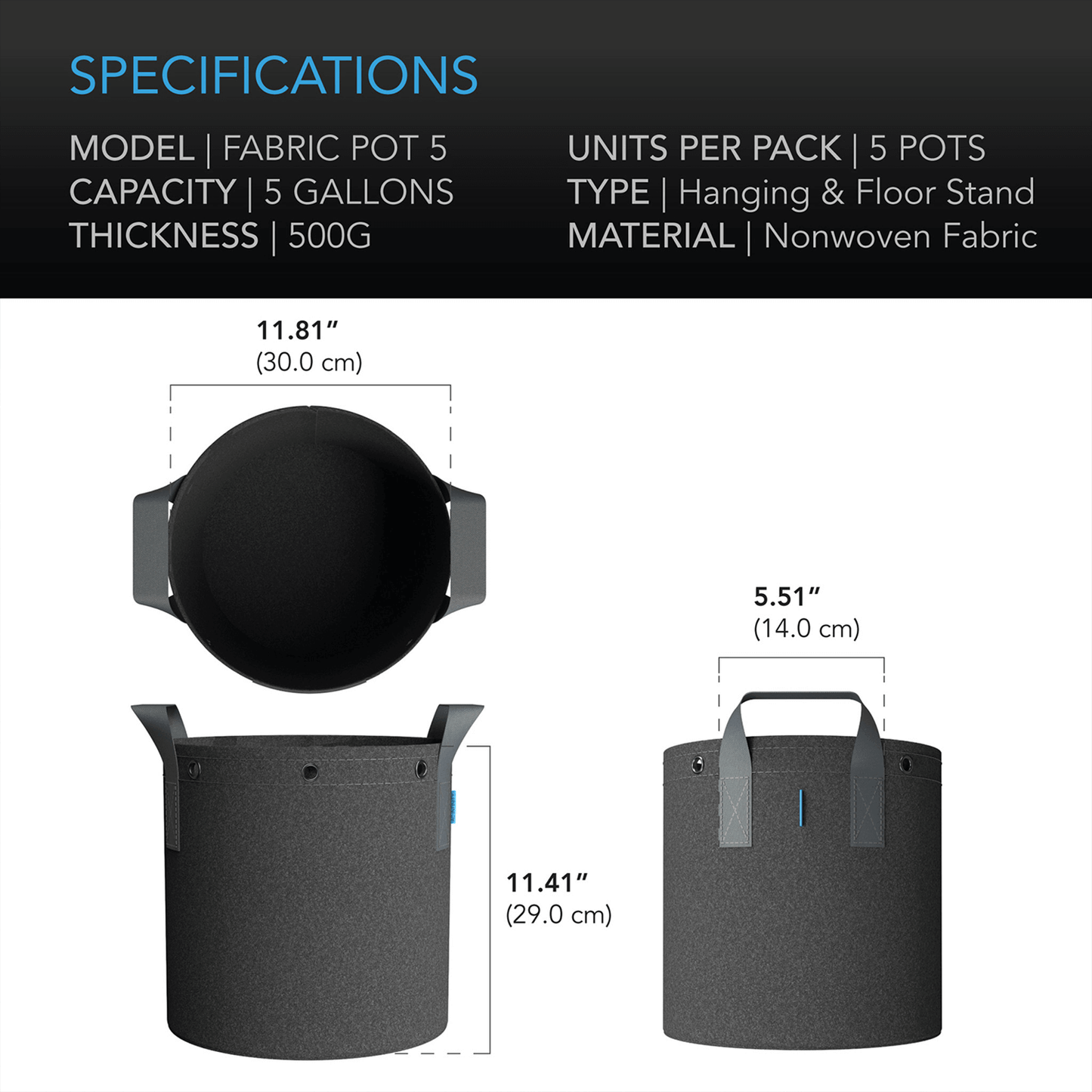 AC Infinity Heavy Duty Fabric Pots,  5 Gallon, 5-Pack