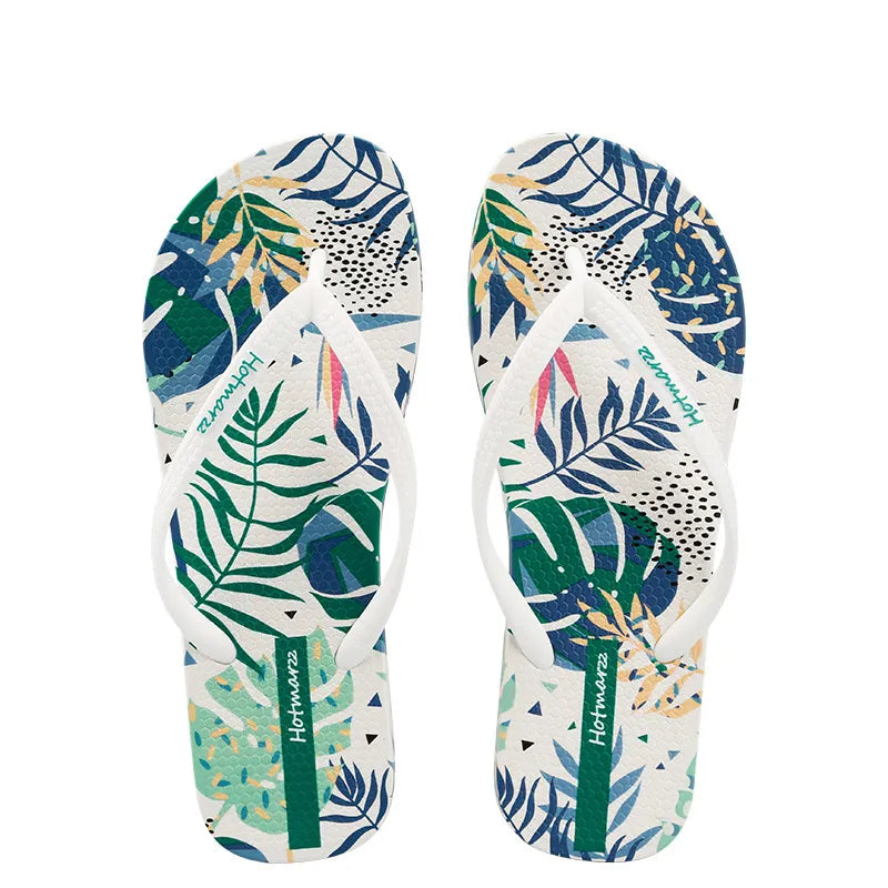 Tropical Leaf Print Summer Flip Flops