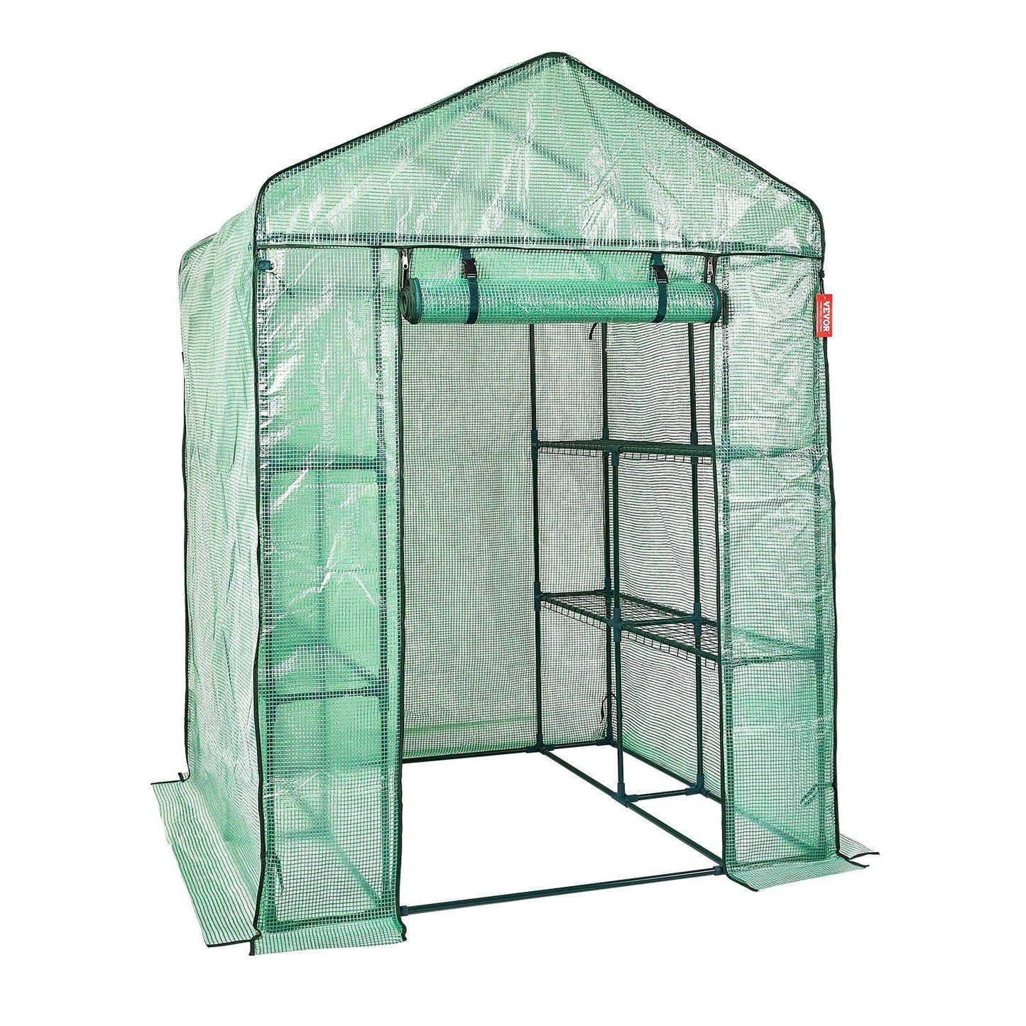 Walk-in Green House, 4.6 x 4.6 x 6.6 ft , Greenhouse with Shelves, High Strength PE Cover with Zipper Door and Steel Frame, Assembly in Minutes, Suitable for Planting and Storage