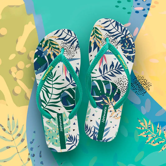 Tropical Leaf Print Summer Flip Flops