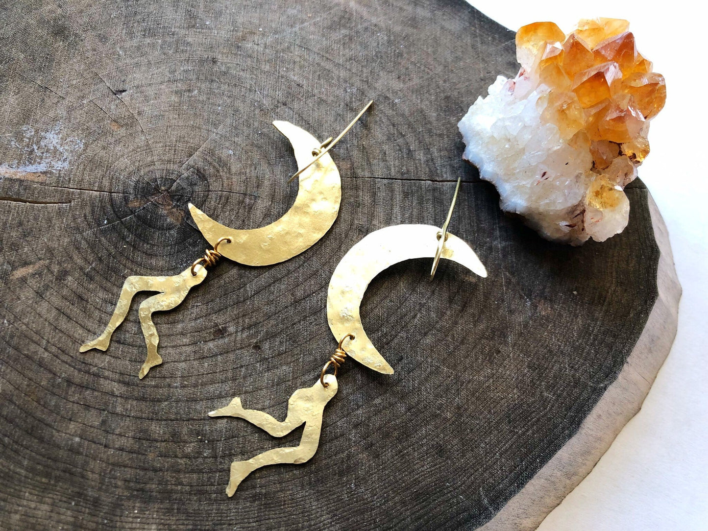 Handmade Crescent Moon Leg Earrings: Brass Lunar Jewelry, leggy Luna earrings