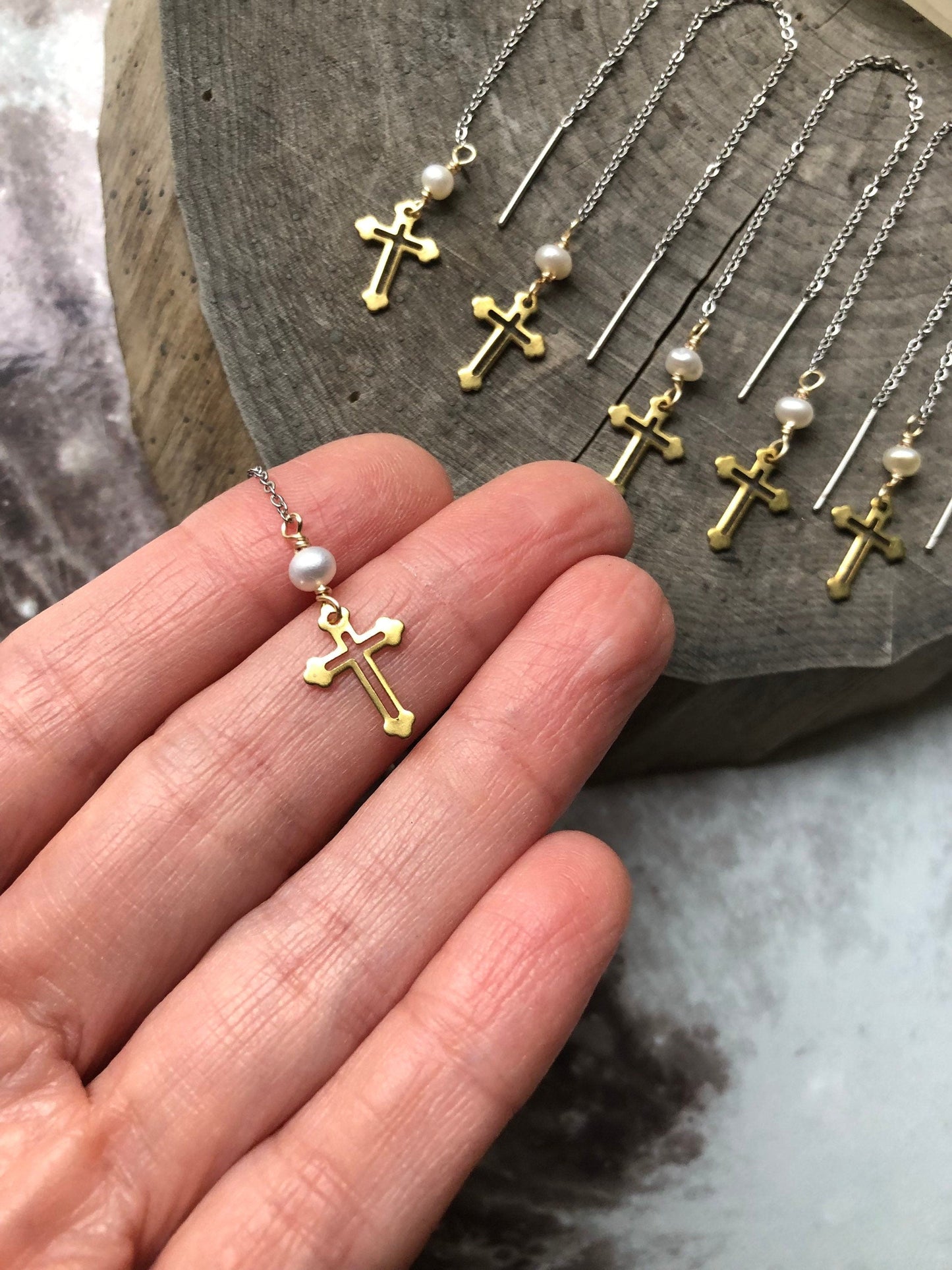 Brass Cross Threader Earrings: Freshwater Pearl, Mixed Metal Dangle