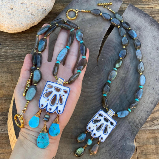 Handmade Ceramic Papel Picado Necklace: Labradorite & Turquoise Fringe