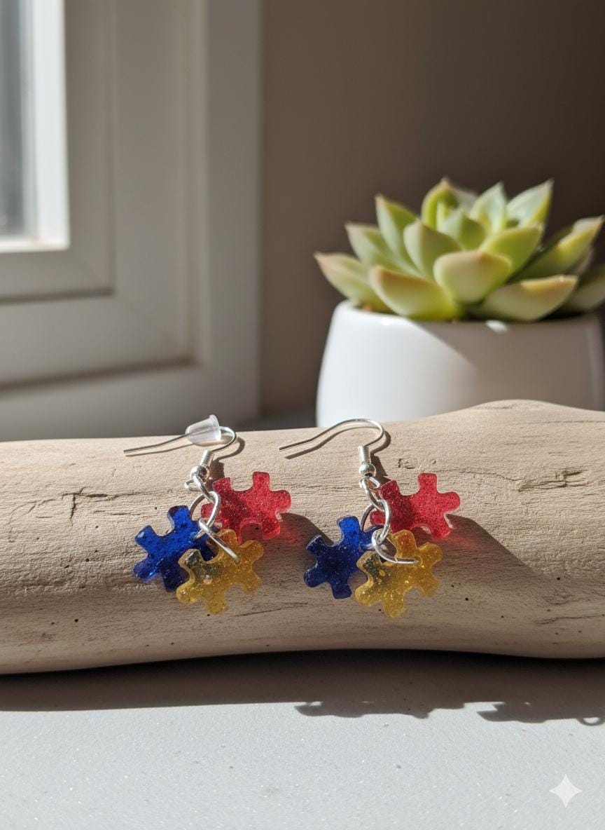 Puzzle Piece Earrings: Autism Awareness Support, Handmade Resin Jewelry