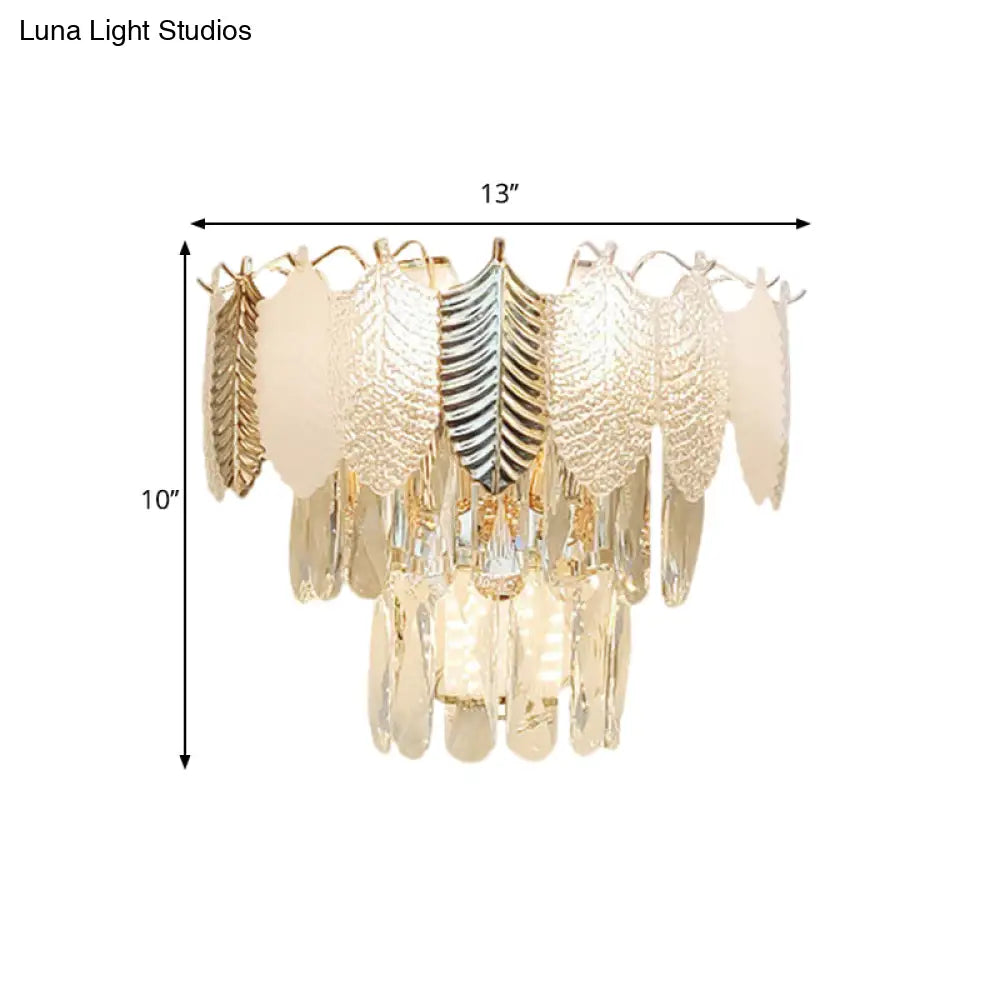 DecorBites™ Modern Crystal Wall Sconce with Tapered Design, Golden Accents, and Acrylic Leaves