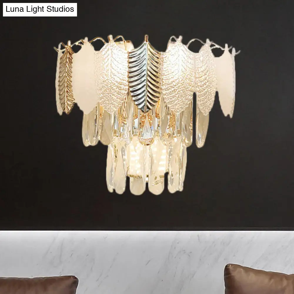 DecorBites™ Modern Crystal Wall Sconce with Tapered Design, Golden Accents, and Acrylic Leaves