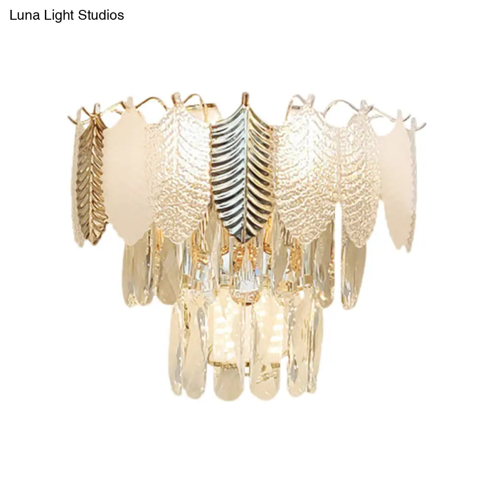 DecorBites™ Modern Crystal Wall Sconce with Tapered Design, Golden Accents, and Acrylic Leaves