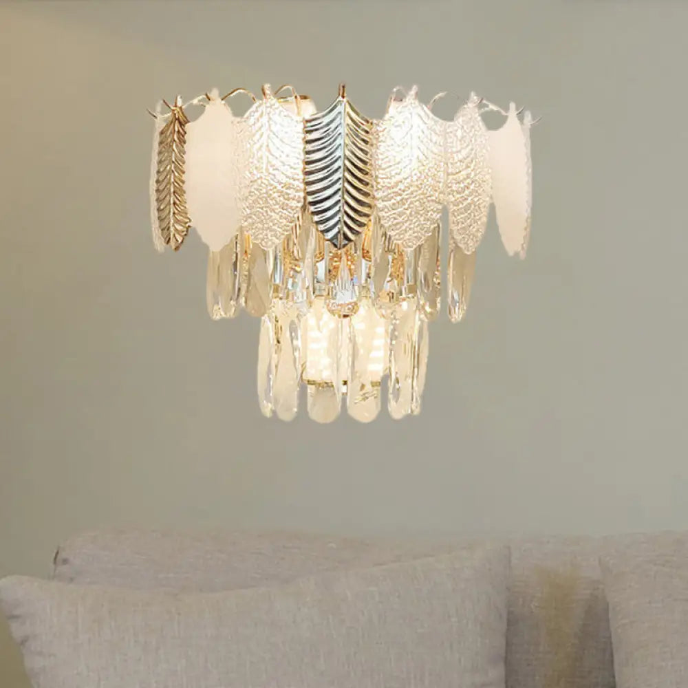 DecorBites™ Modern Crystal Wall Sconce with Tapered Design, Golden Accents, and Acrylic Leaves