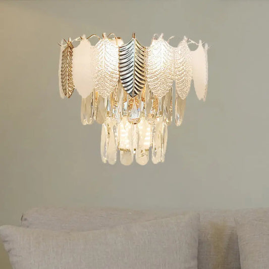 DecorBites™ Modern Crystal Wall Sconce with Tapered Design, Golden Accents, and Acrylic Leaves